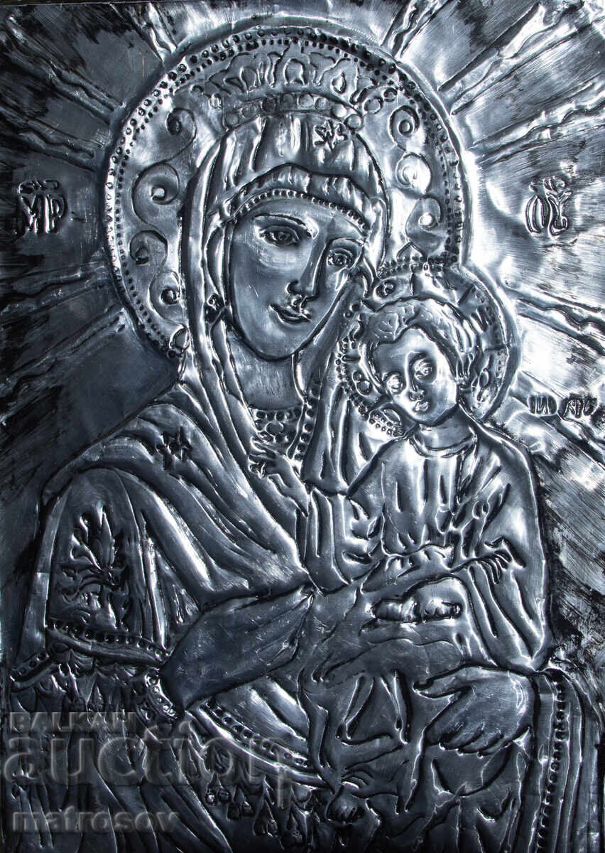 Metal icon, bas-relief, Holy Virgin Mary and the Infant