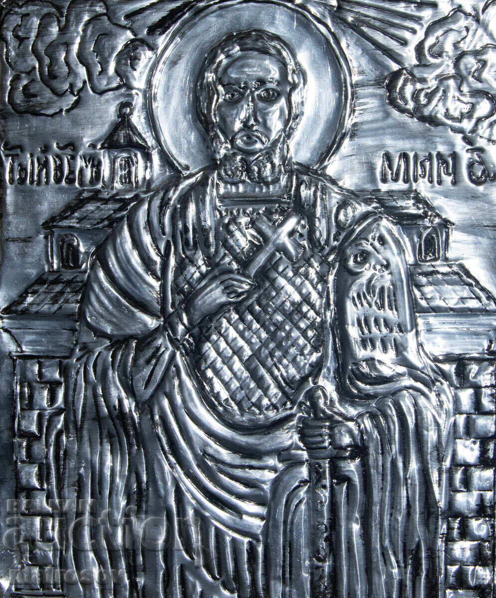 Handmade metal icon, bas-relief, Saint Mina with price 200.00 BGN | € 102.26