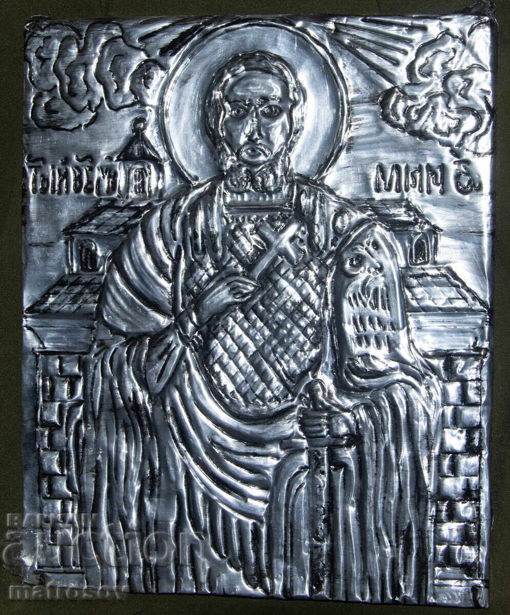 Auction  Handmade metal icon, bas-relief, Saint Mina