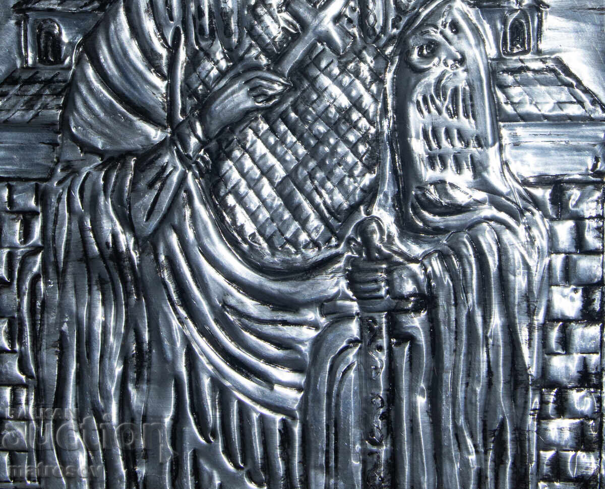 Handmade metal icon, bas-relief, Saint Mina - 5