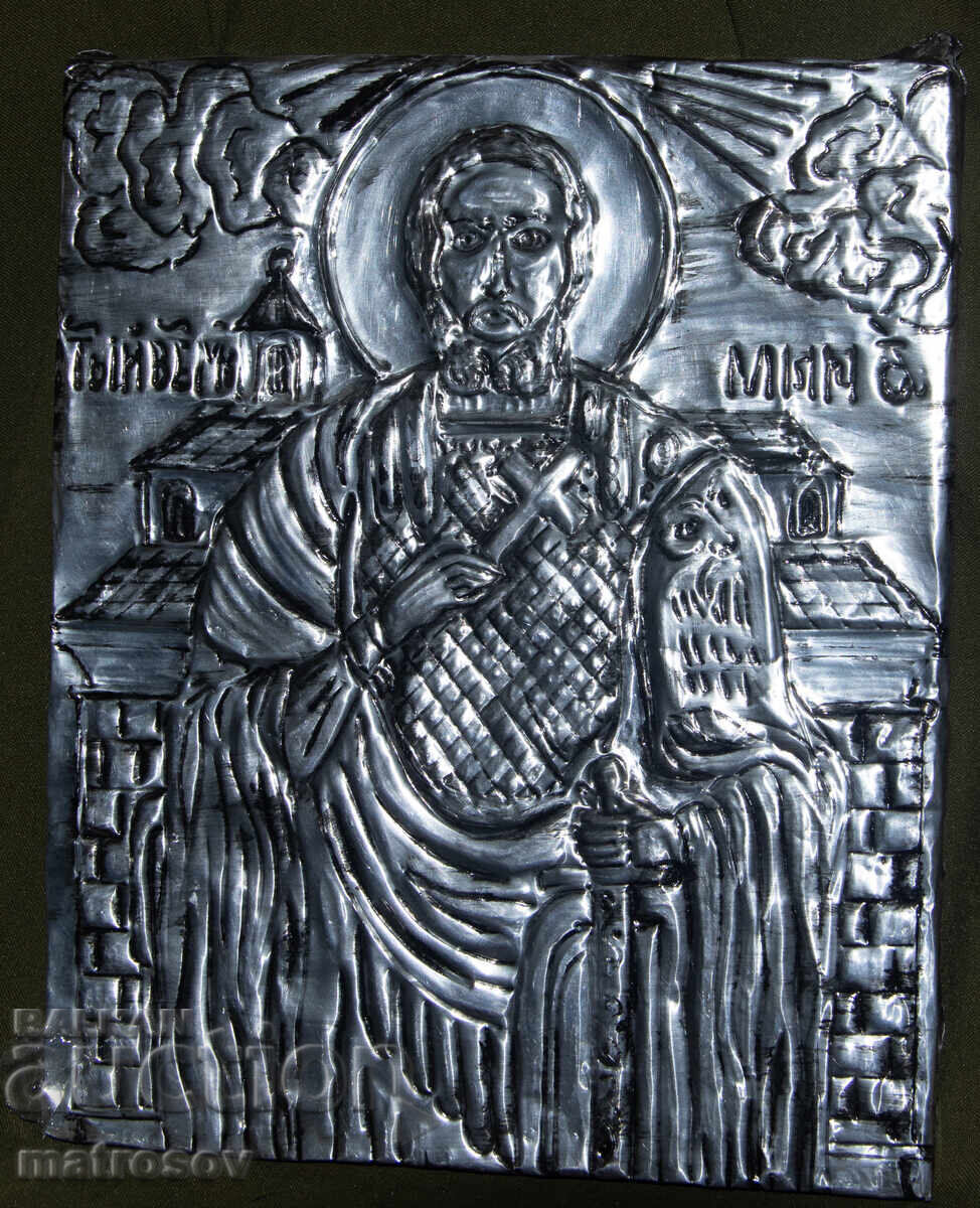 Handmade metal icon, bas-relief, Saint Mina