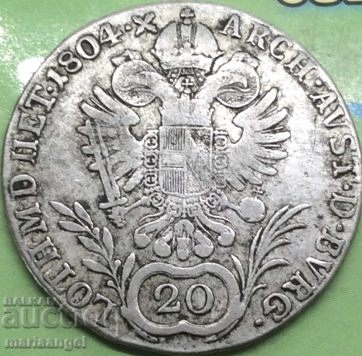 Austria 20 Kreuzer 1804 C - Prague Franz II silver with price 38.00 BGN | € 19.43