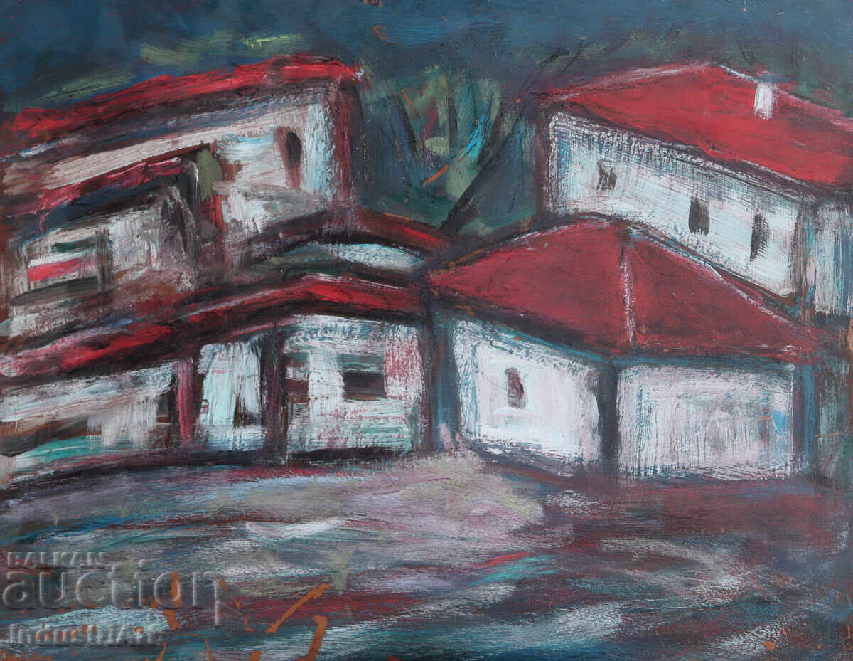 Έργο ζωγραφικής με λάδι, οικιακό τοπίο, χωριό με τιμή 140.00 BGN | € 71.58