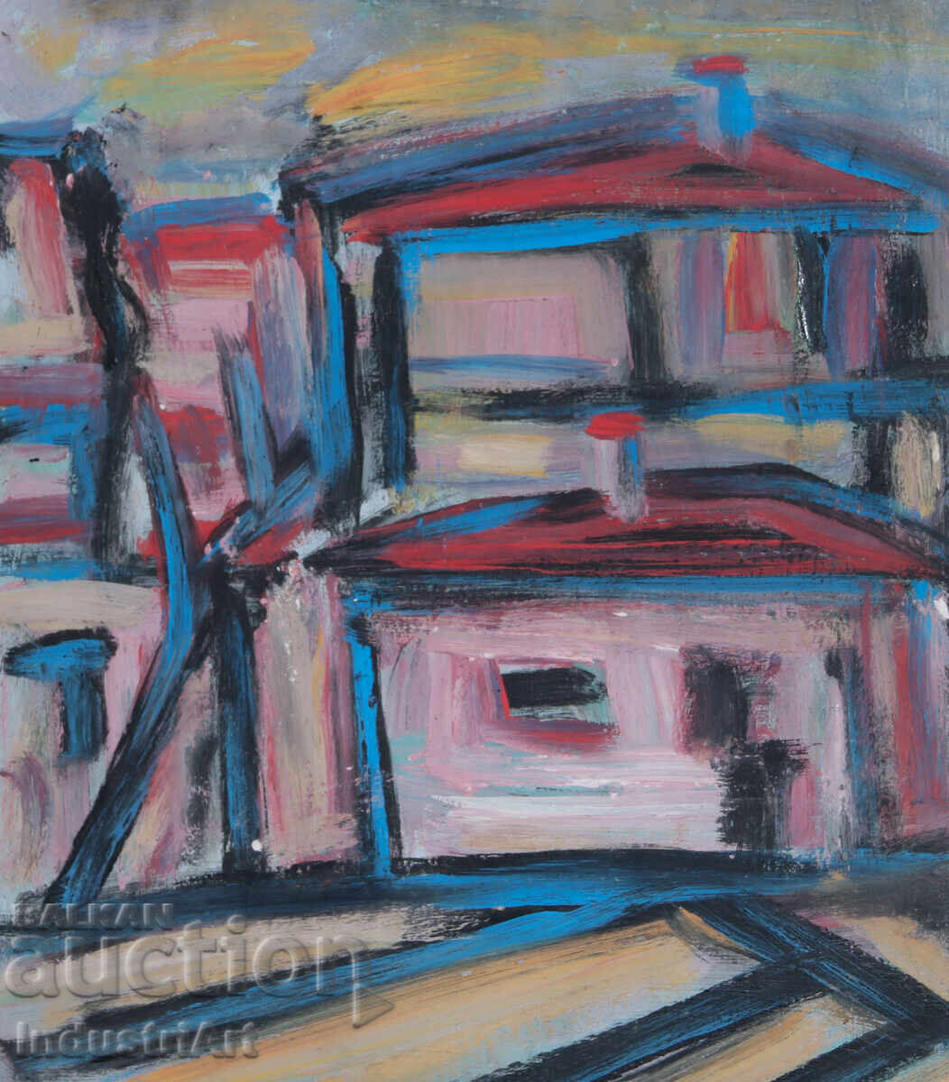 Oil painting, genre scene, houses with price 150.00 BGN | € 76.69