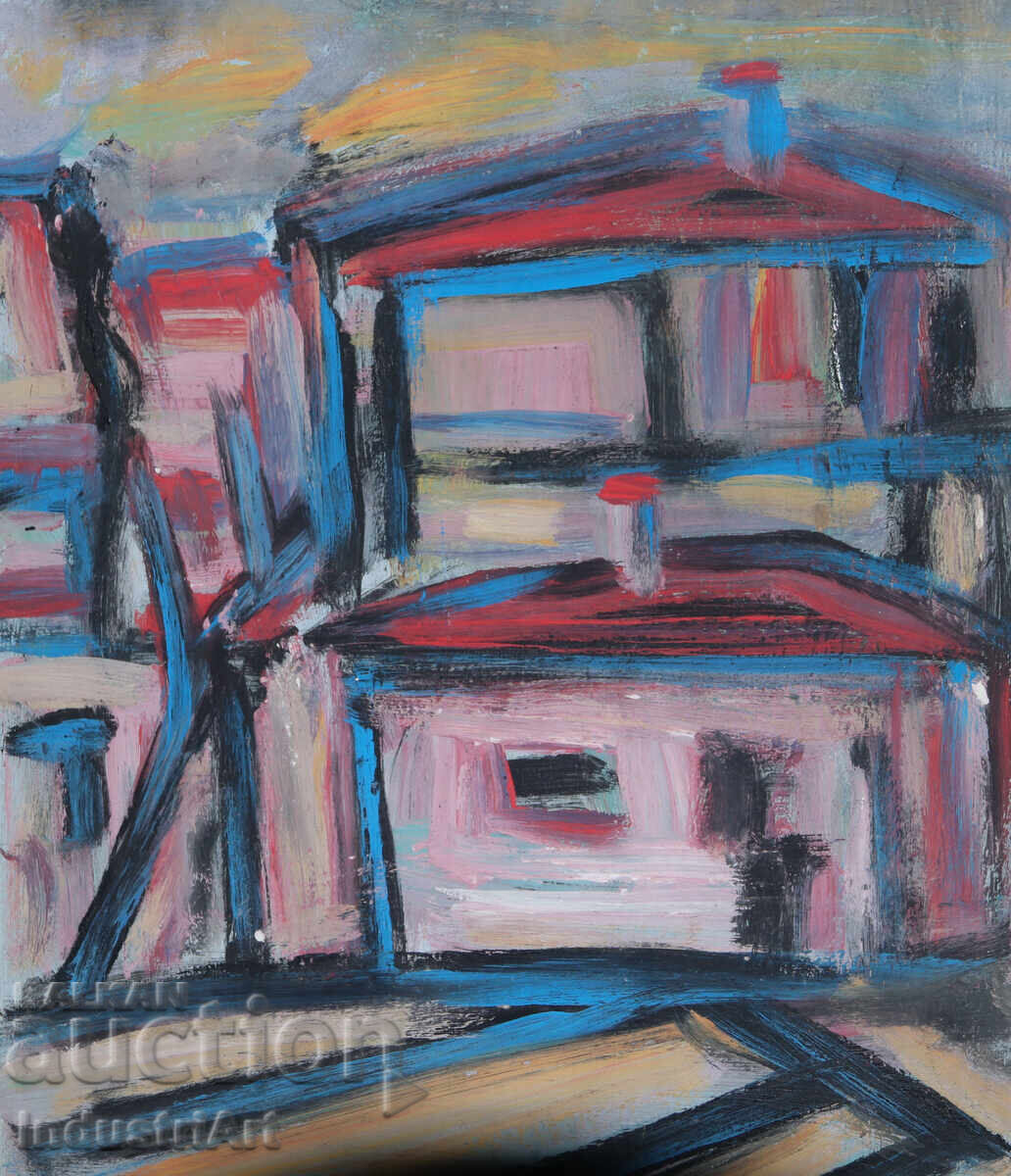 Oil painting, genre scene, houses