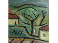 Έργο ζωγραφικής με λάδι, οικιακό τοπίο, σπίτια