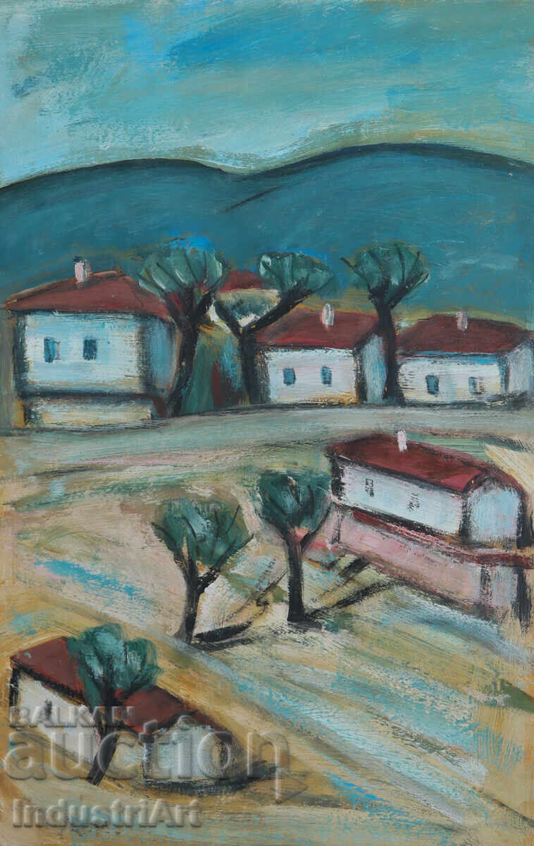Έργο ζωγραφικής με λάδι, οικιακό τοπίο, χωριό