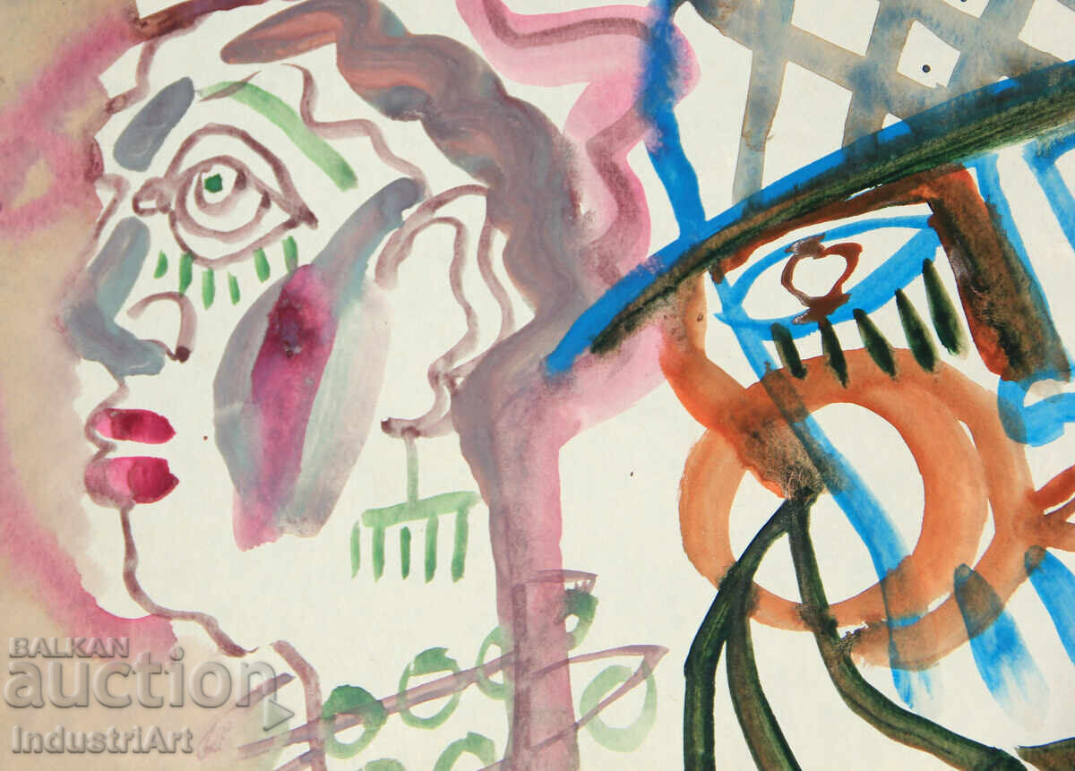 Аукцион Модерно изкуство , акварел абстрактен портрет двойка