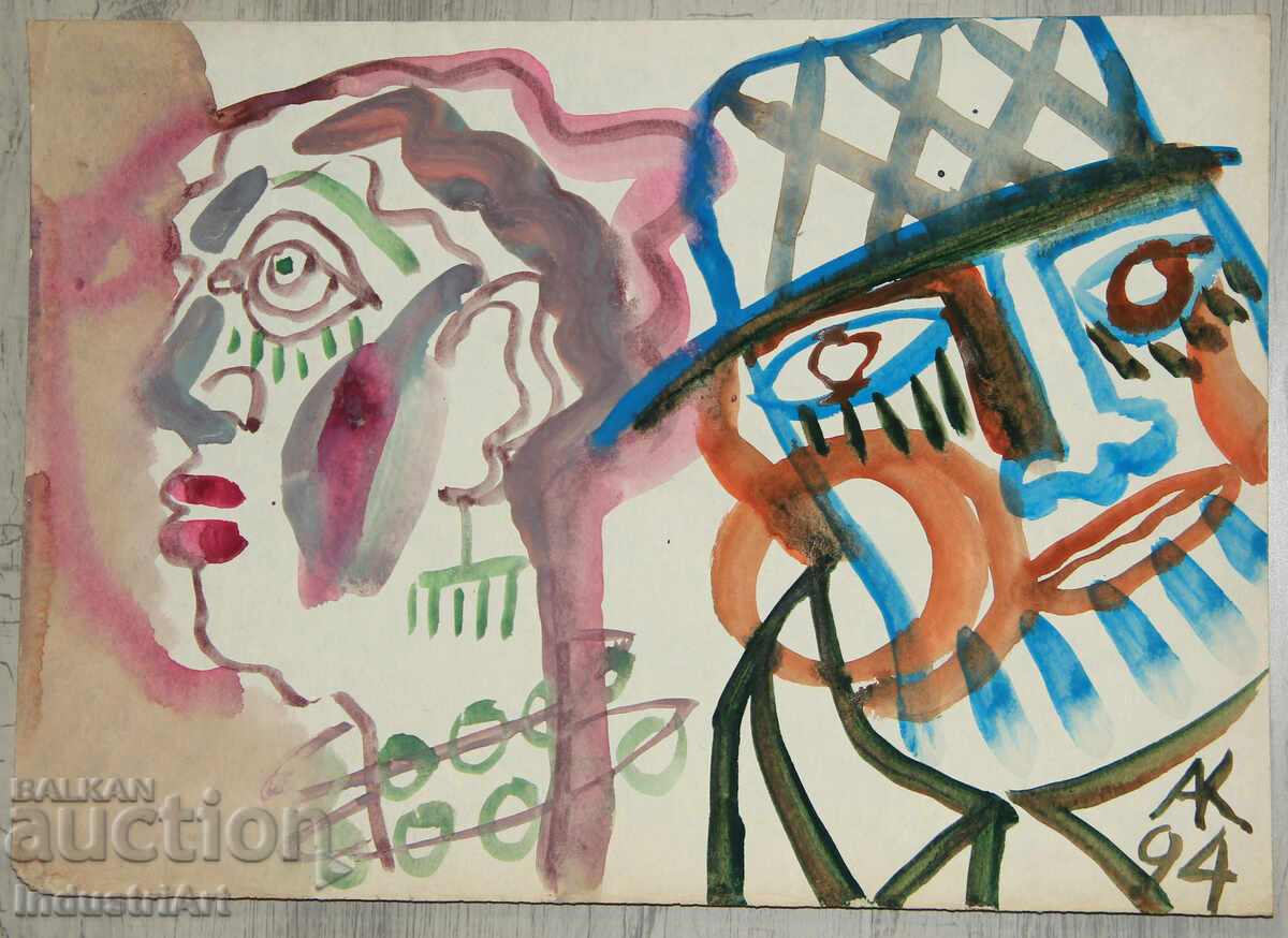 Доставка на Модерно изкуство , акварел абстрактен портрет двойка