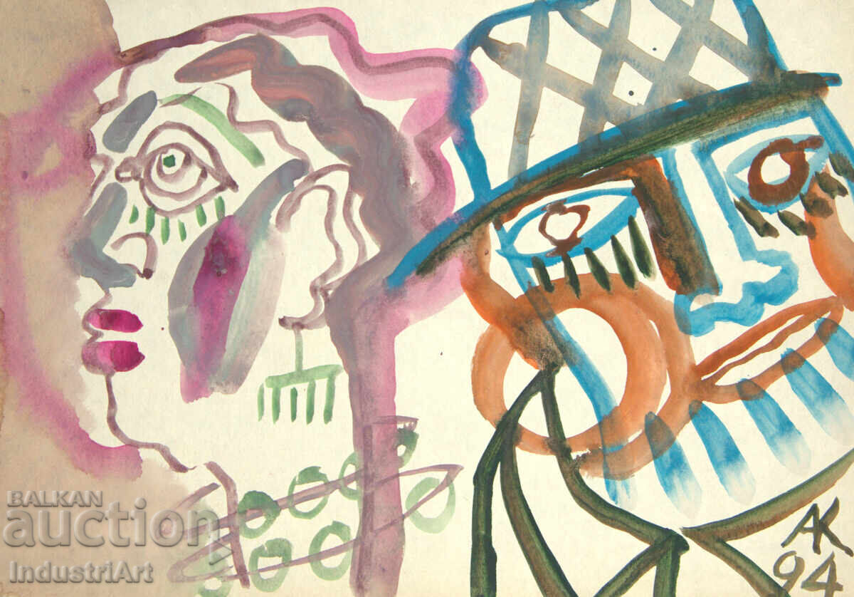 Модерно изкуство , акварел абстрактен портрет двойка - 5