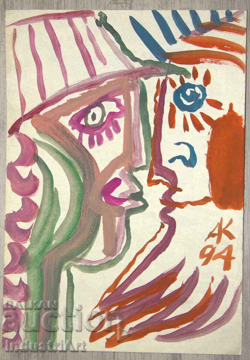 Δημοπρασία Μοντέρνα τέχνη, ακουαρέλα αφηρημένο πορτρέτο ζευγαριού