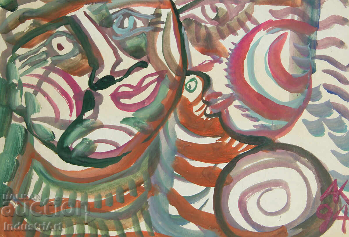 Auction  Modern art, watercolor abstract portrait couple