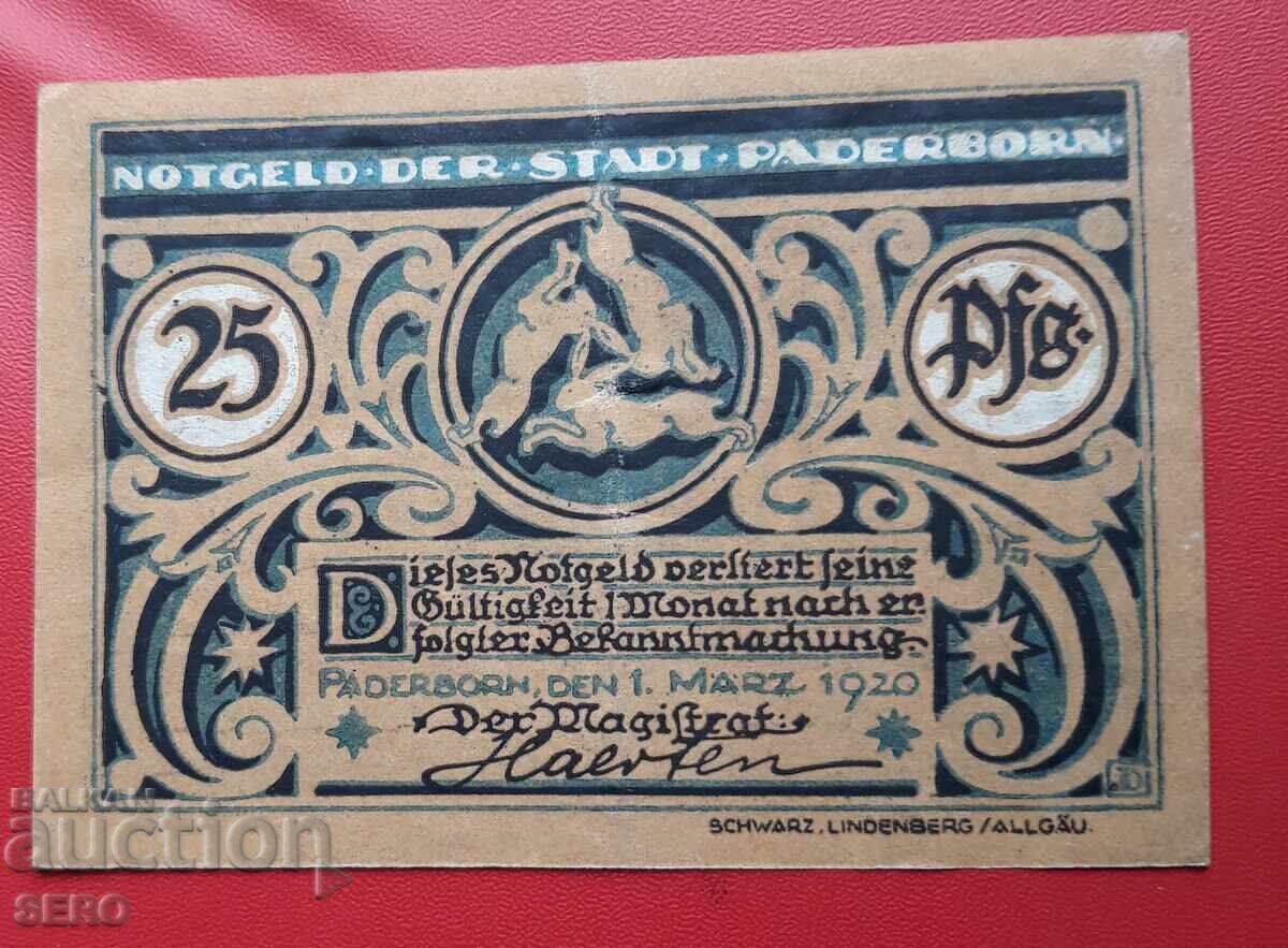 Bancnotă-Germania-Renania de Nord-Westfalia-Paderborn-25 pf.1920 cu preț € 0.76 | 1.49 BGN