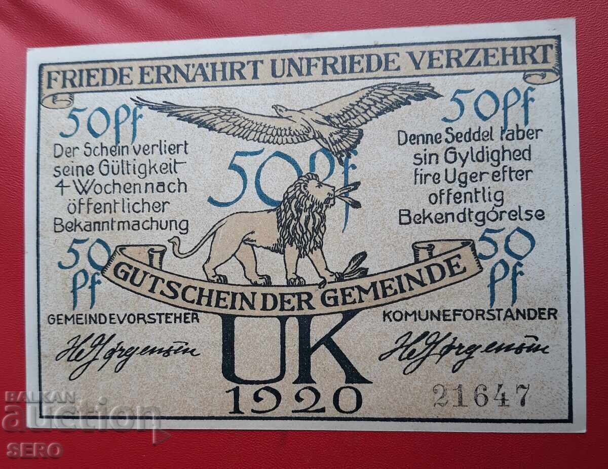 Банкнота-Германия-Дания-плебисцит-50 пфенига 1920 с цена 3.00 лв. | € 1.53