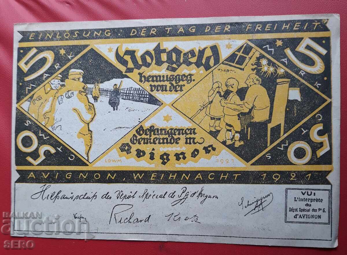 Banknote - Germany - France - Avignon - 5 Marks / 50 Centimes / 1921 Banknote - Germany - France - Avignon - 5 Marks / 50 Centimes / 1921