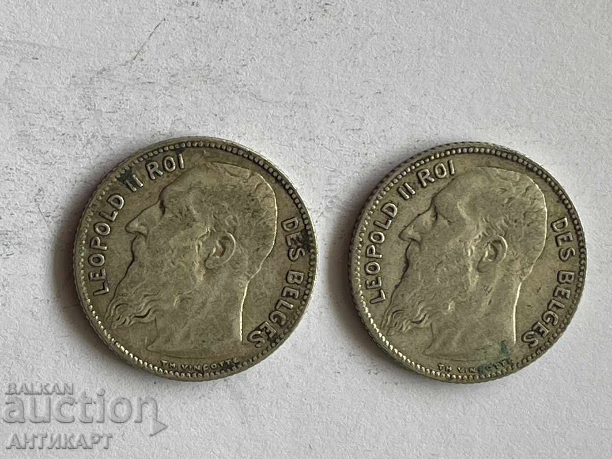 2 ασημένια νομίσματα 1 φράγκου Βελγίου 1909 ασήμι με τιμή 33.00 BGN | € 16.87