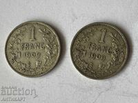 2 monede de argint 1 franc Belgia 1909 argint