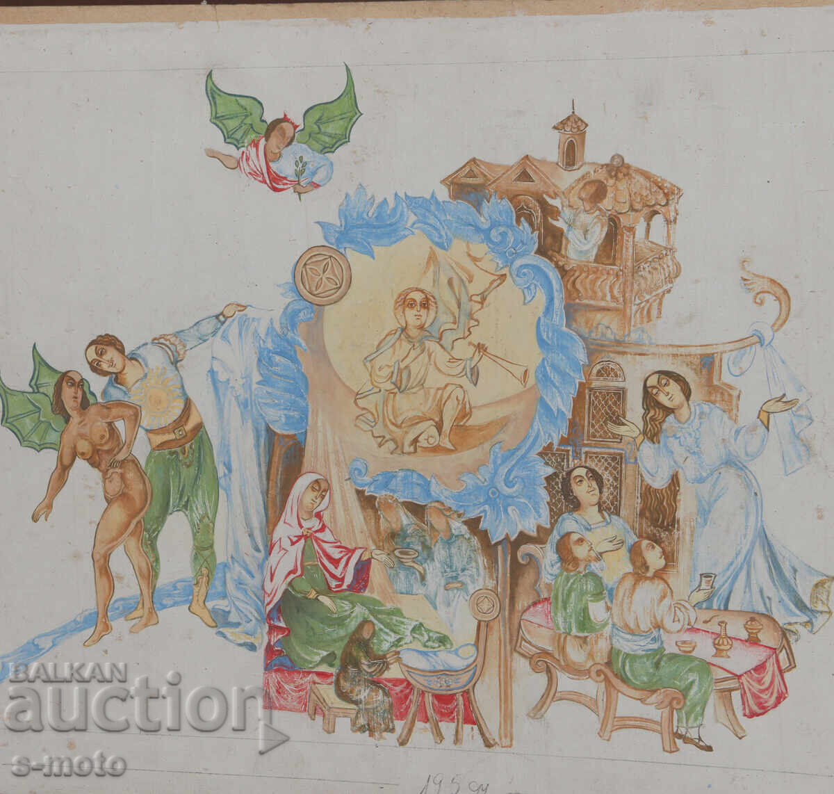 Delivery of Old gouache painting, figurative composition