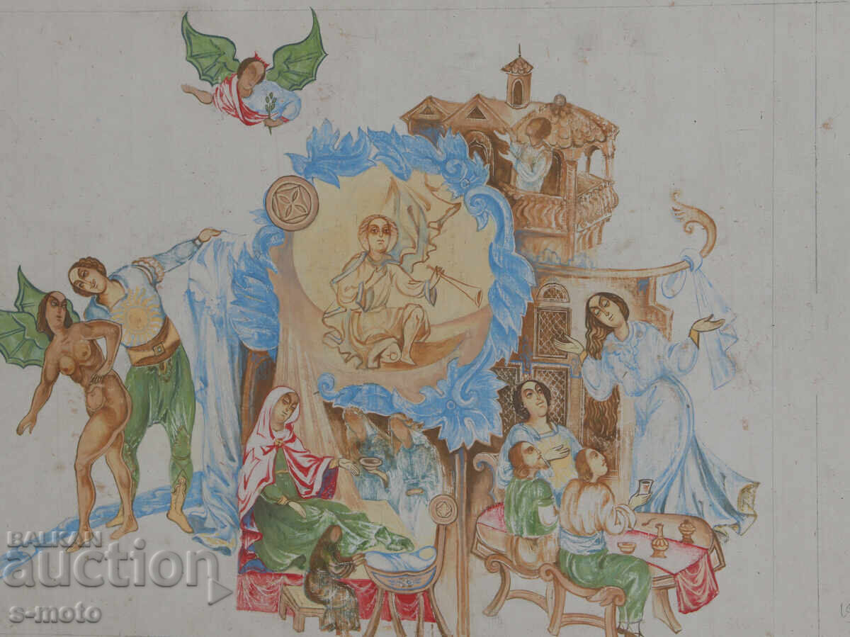 Old gouache painting, figurative composition - 6