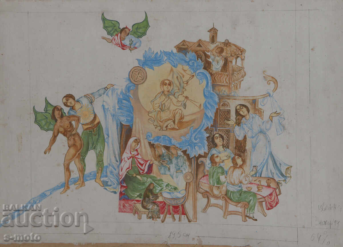 Old gouache painting, figurative composition