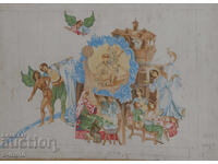 Old gouache painting, figurative composition