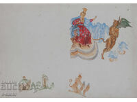 Old gouache painting, figurative composition