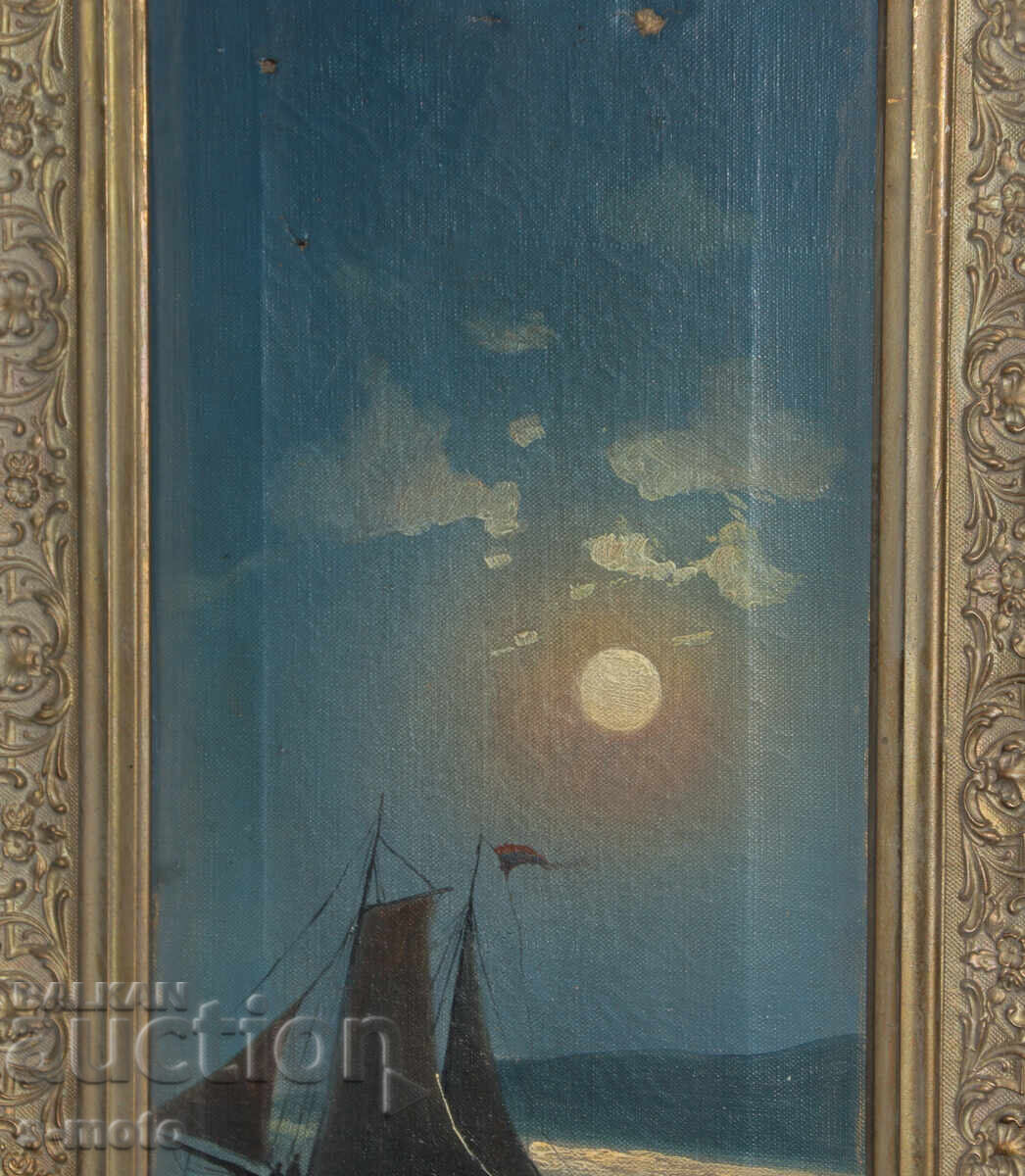Стара картина маслени бои нощен морски пейзаж - 5