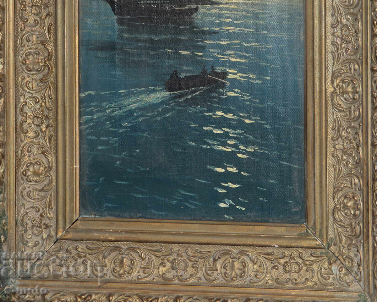 Стара картина маслени бои нощен морски пейзаж - 6