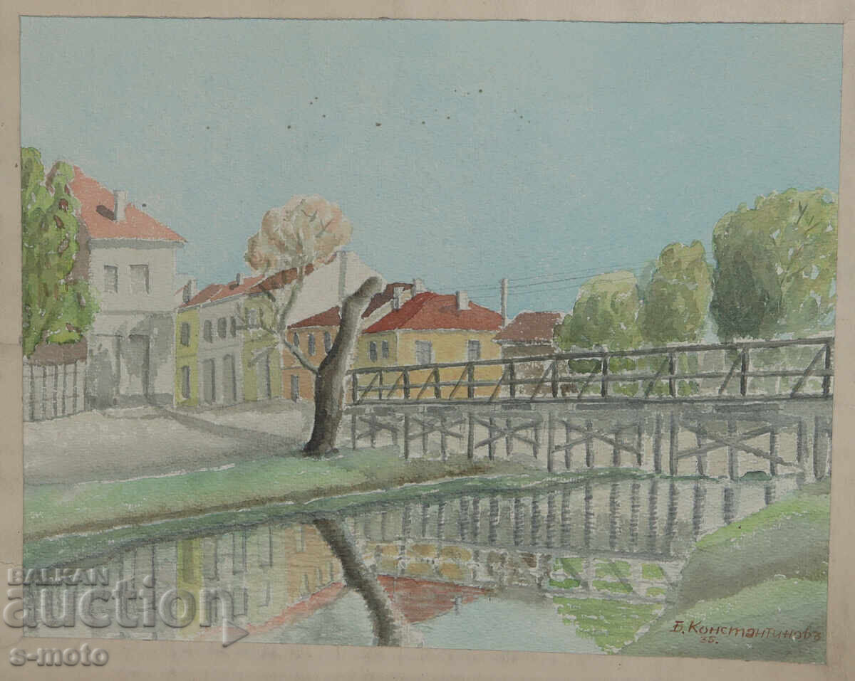 Delivery of Old watercolor painting, cityscape, 1935