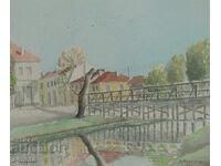 Old watercolor painting, cityscape, 1935