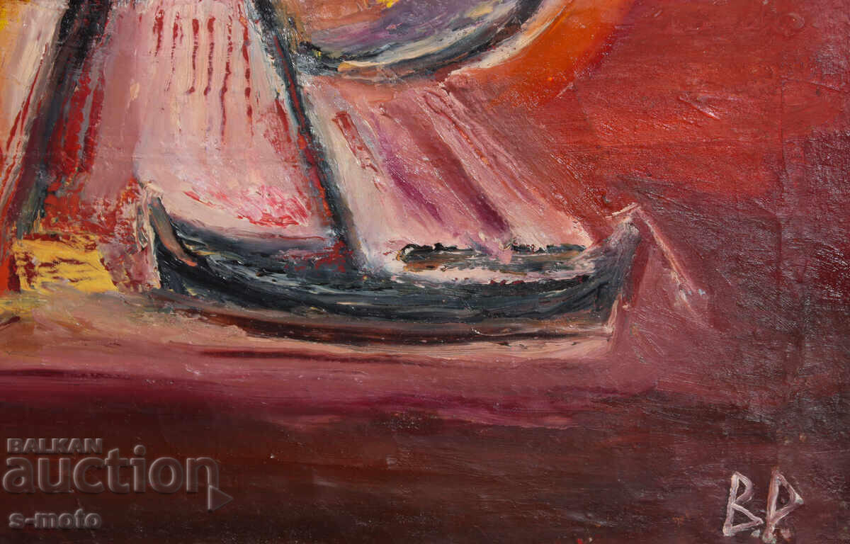 Παράδοση Έργο ζωγραφικής με λάδι, τοπίο με βάρκες