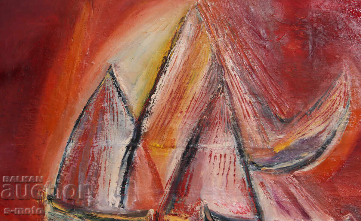 Έργο ζωγραφικής με λάδι, τοπίο με βάρκες - 6