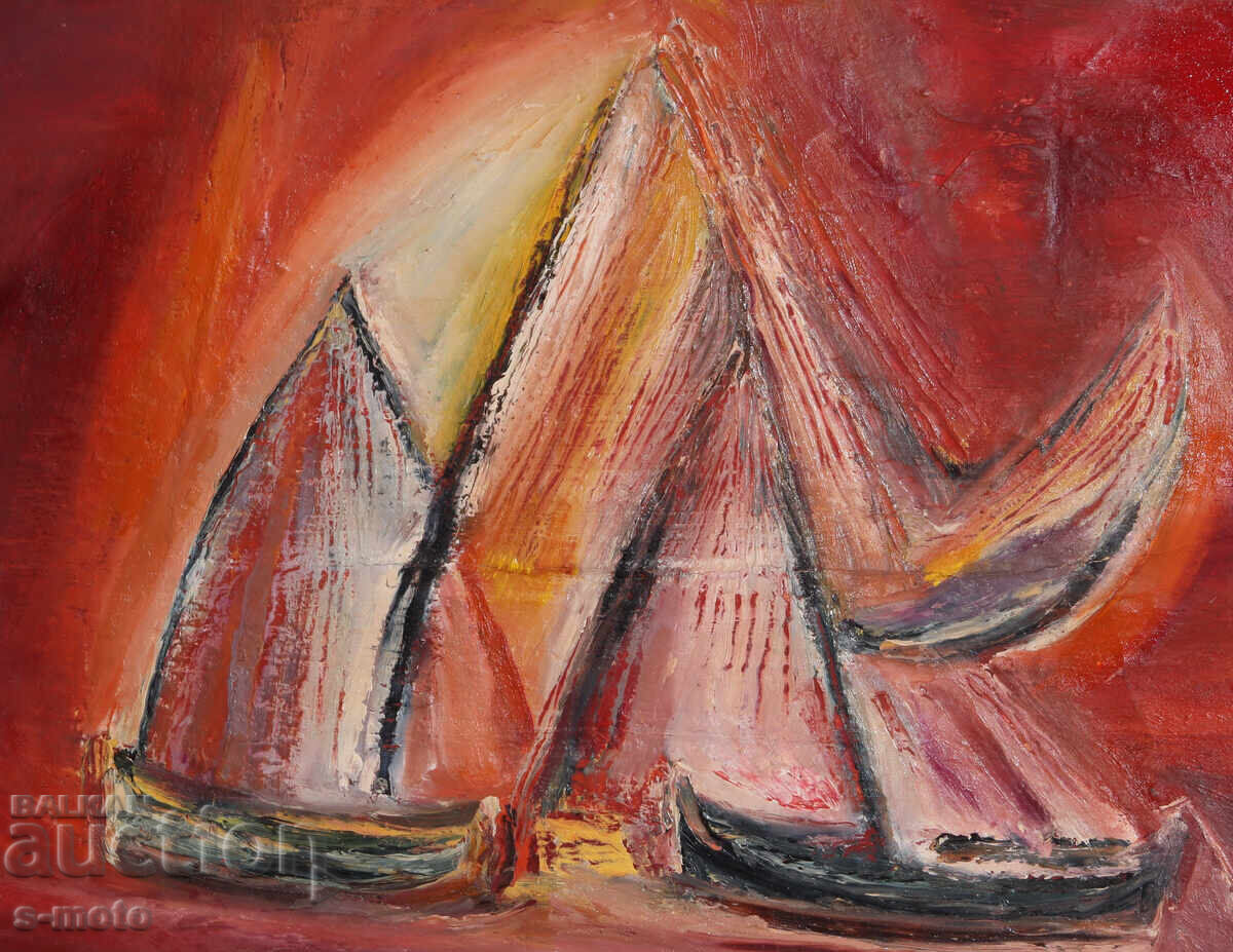 Έργο ζωγραφικής με λάδι, τοπίο με βάρκες - 7