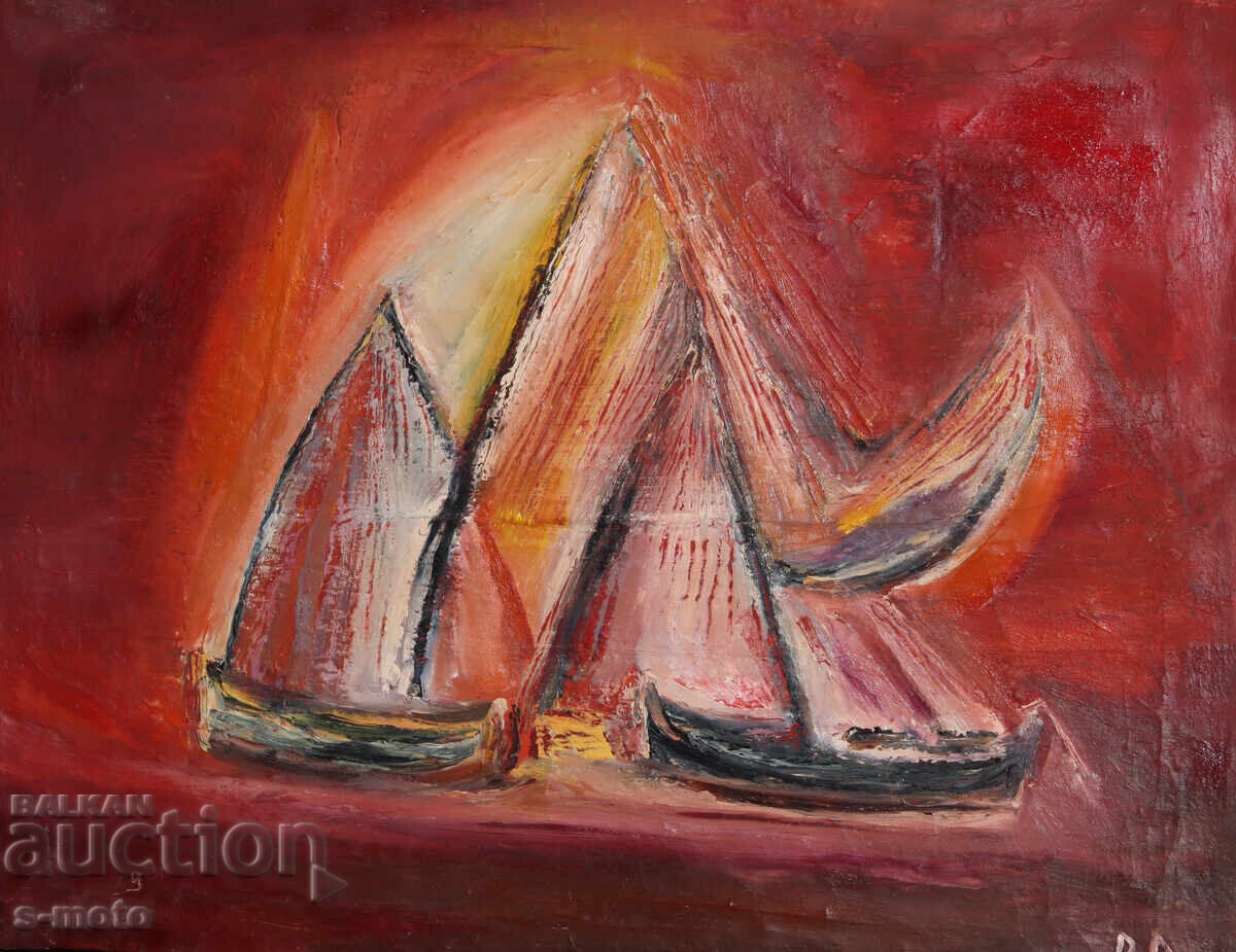 Έργο ζωγραφικής με λάδι, τοπίο με βάρκες