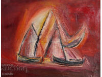 Έργο ζωγραφικής με λάδι, τοπίο με βάρκες