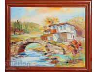 Έργο ζωγραφικής με λάδι, τοπίο με σπίτι