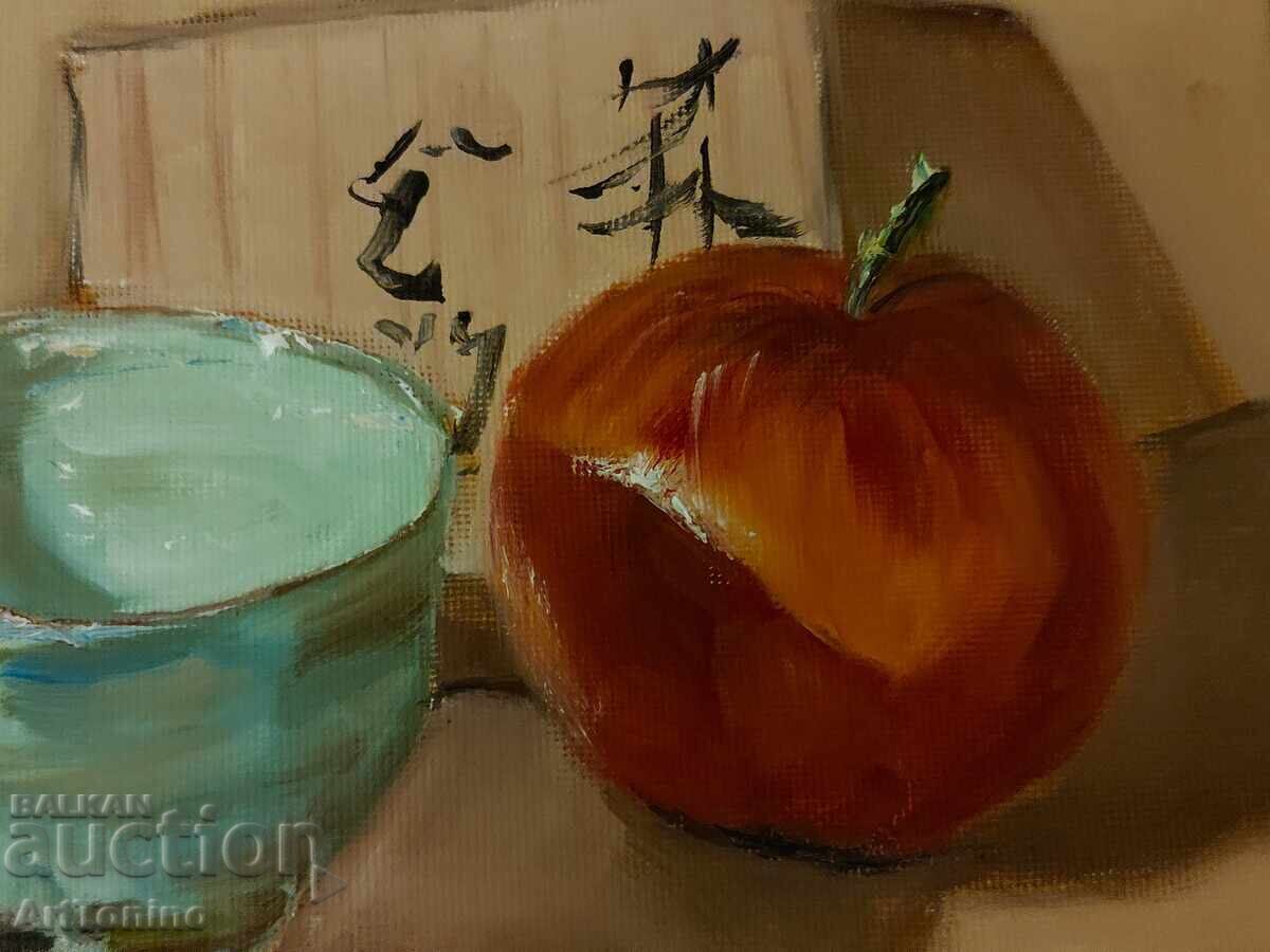 Δημοπρασία Νεκρή φύση - Ιαπωνικό φλιτζάνι σάκε με μήλο - Ζωγρ. Αντώνης Ιορδάνωφ