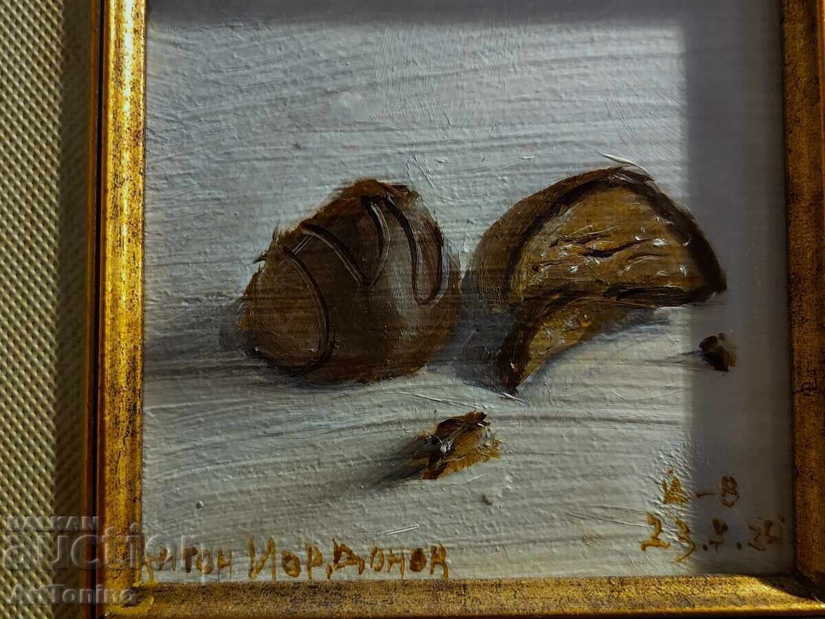 Licitație Tablou în ulei Natură statică-Bomboane de ciocolată - Pict. A. Iordanov