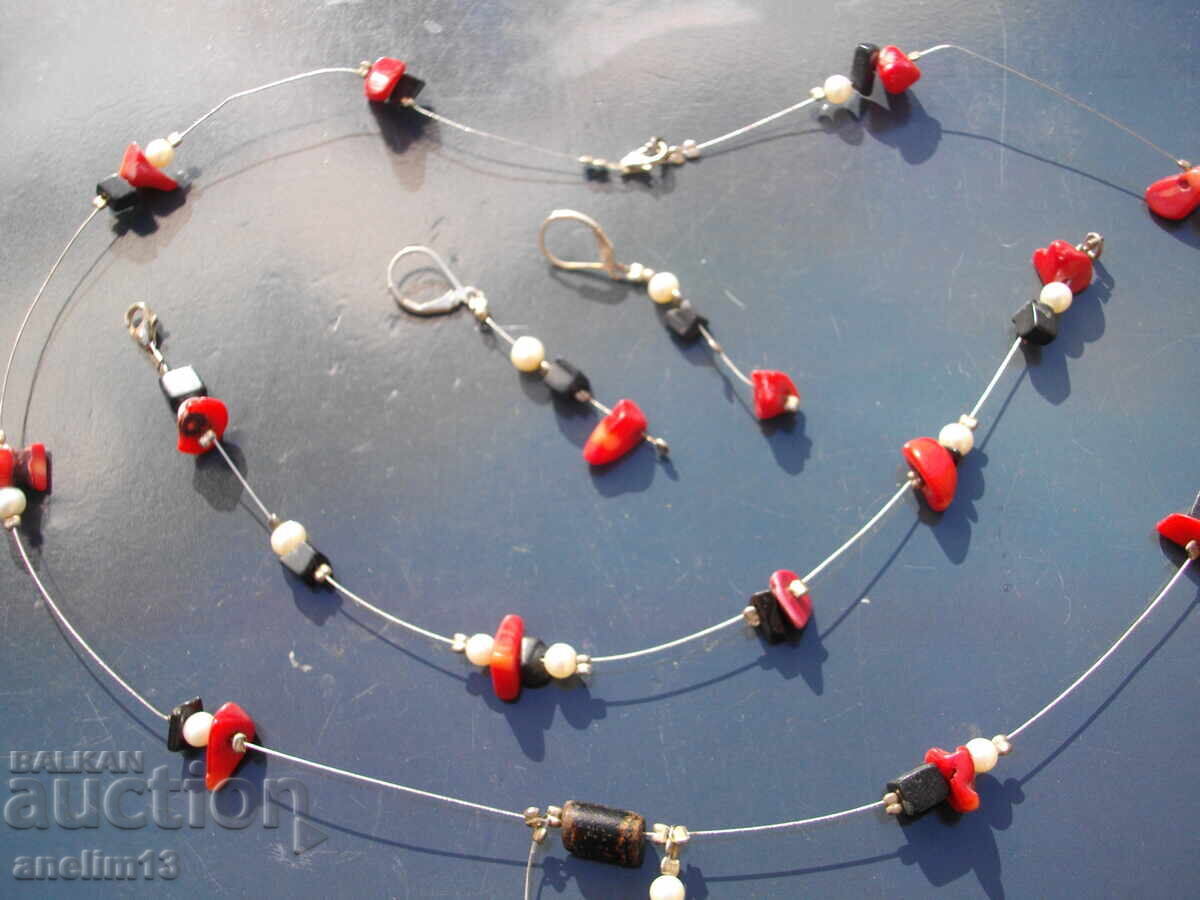 SILVER SET BRACELET EARRINGS NECKLACE CORALS PEARLS with price 65.00 BGN | € 33.23