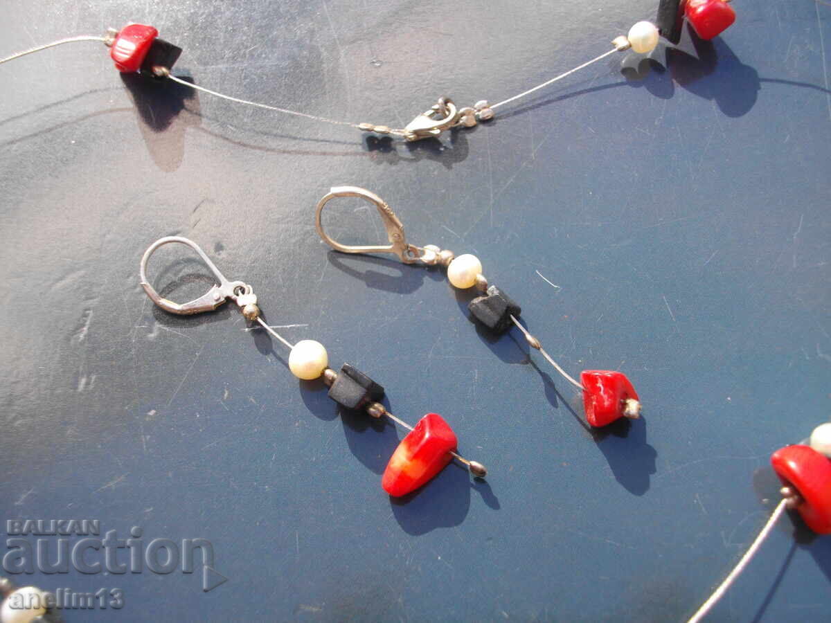Auction  SILVER SET BRACELET EARRINGS NECKLACE CORALS PEARLS