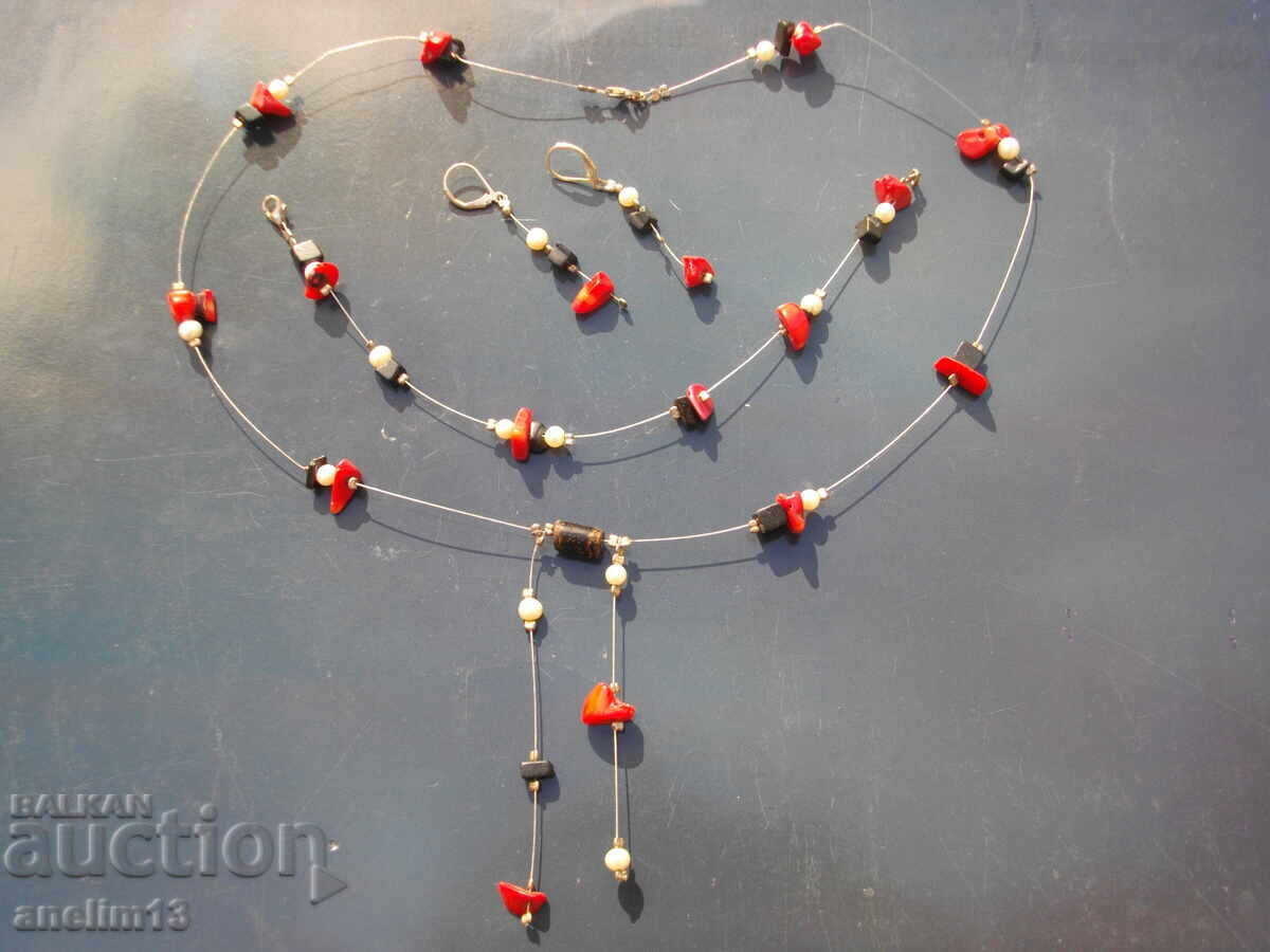 SILVER SET BRACELET EARRINGS NECKLACE CORALS PEARLS