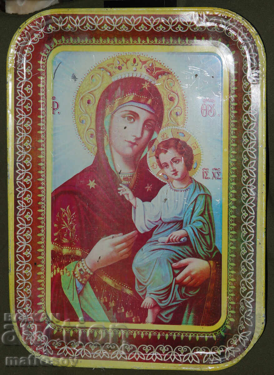 Θρησκευτικός μεταλλικός δίσκος, λιθογραφία, Αγία Θεοτόκος Θρησκευτικός μεταλλικός δίσκος, λιθογραφία, Αγία Θεοτόκος