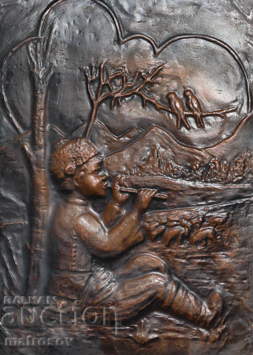 Δημοπρασία Χειροποίητη χάλκινη πλακέτα ανάγλυφο, αγόρι με φλάουτο