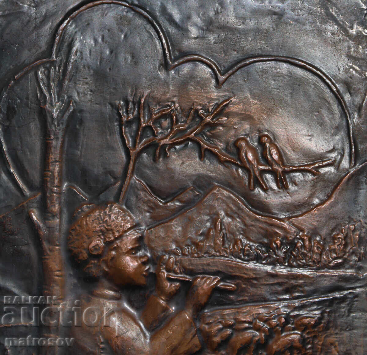 Παράδοση Χειροποίητη χάλκινη πλακέτα ανάγλυφο, αγόρι με φλάουτο