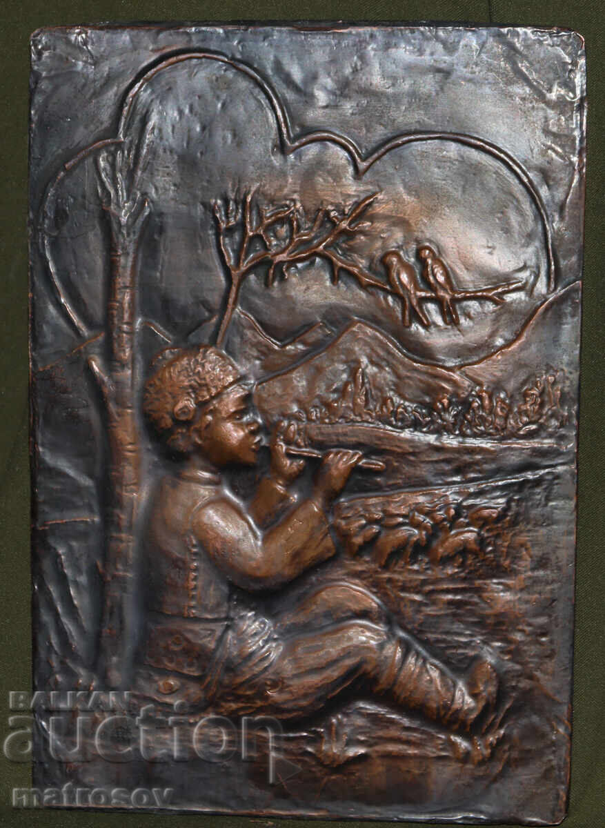 Χειροποίητη χάλκινη πλακέτα ανάγλυφο, αγόρι με φλάουτο