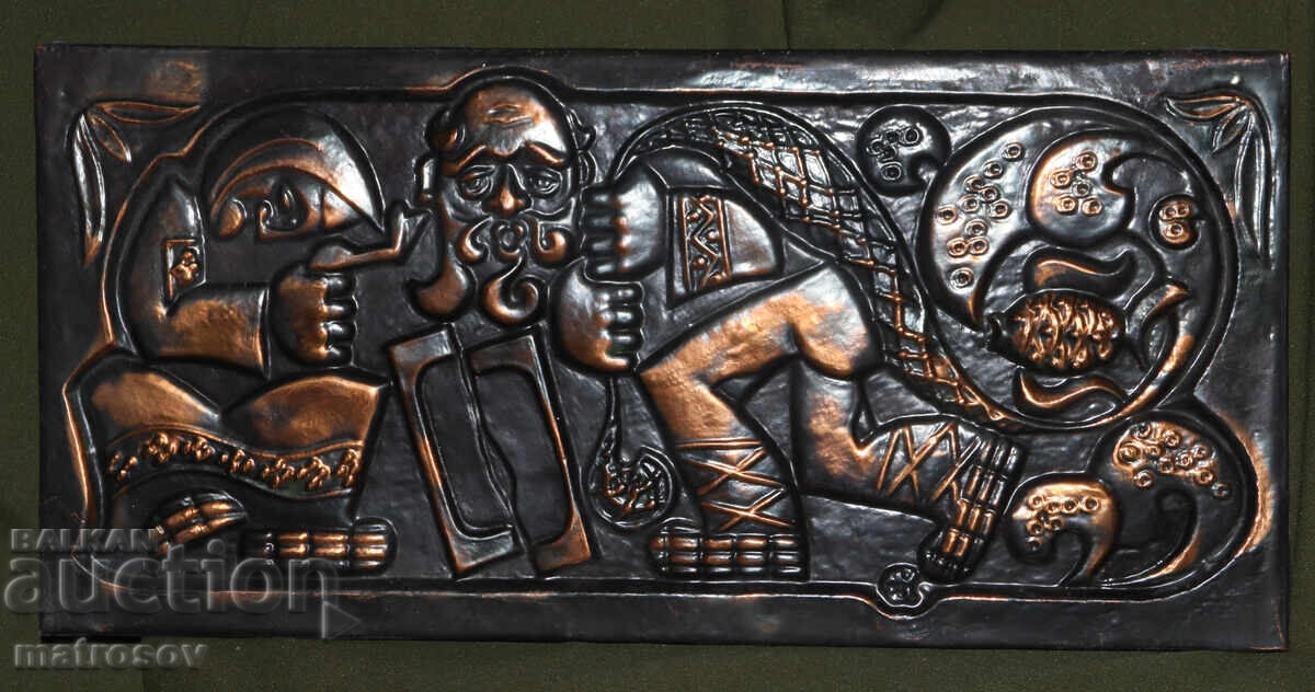 Handmade Russian copper plaque bas-relief, folklore