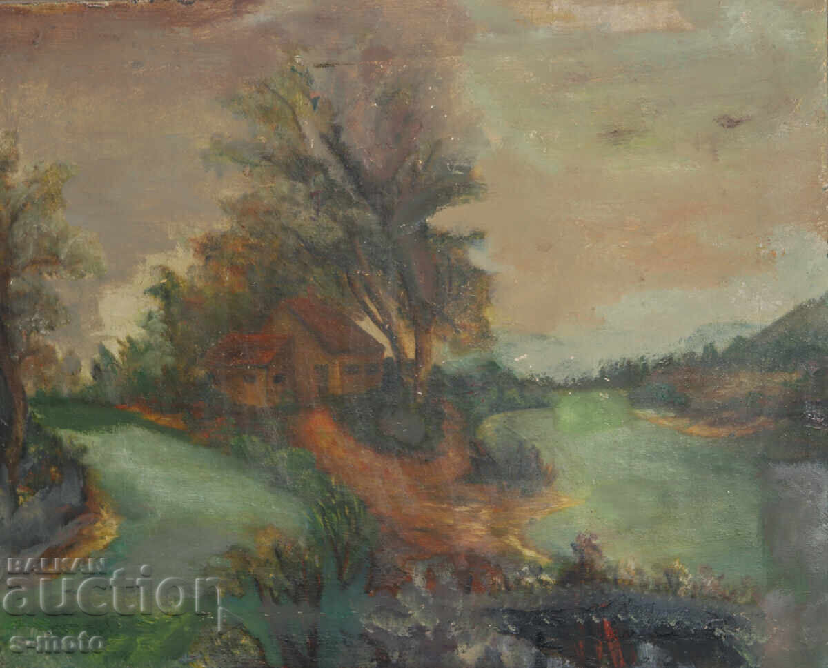 Old oil painting river landscape