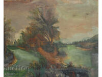 Tablou vechi, ulei pe pânză, peisaj cu râu