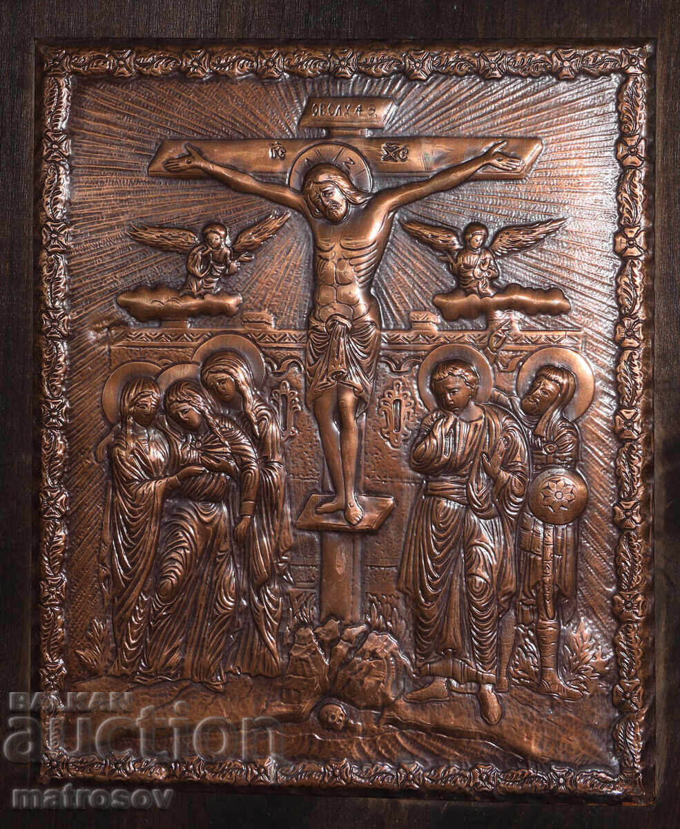 Handmade copper icon bas-relief Jesus Christ on the cross