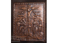 Icoană din cupru lucrată manual basorelief Iisus Hristos pe cruce